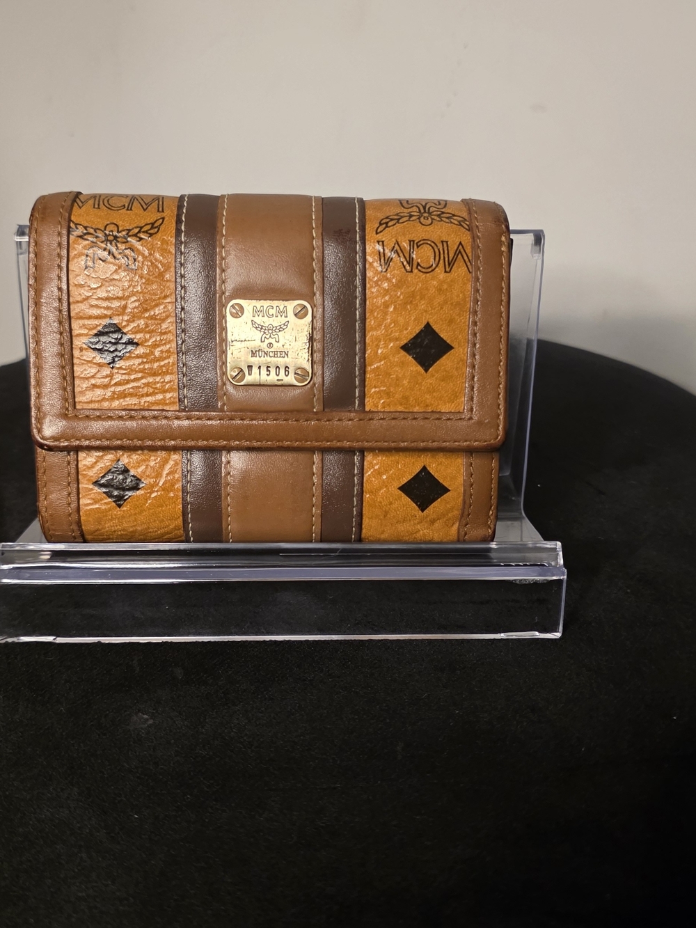 MCM Cognac Visetos Leather Trifold Wallet Authenic